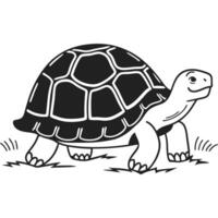black and white illustration of a turtle walking on grass, showcasing its detailed shell pattern vector