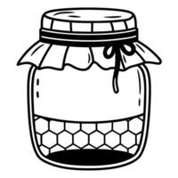 black and white honey jar illustration with fabric lid, hexagonal pattern details vector