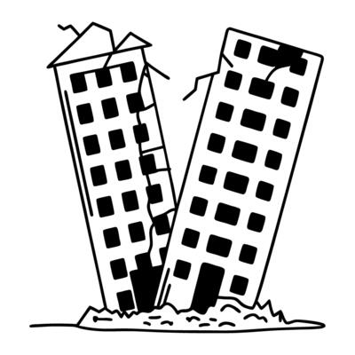 collapsing buildings illustration structural damage, urban disaster concept, earthquake impact