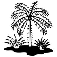 Silhouette of a palm tree with grass on soil surface, tropical nature design element vector
