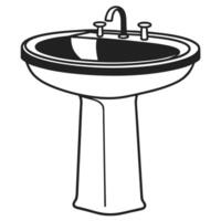 Simple pedestal sink illustration with faucet and basin, monochrome line art design vector