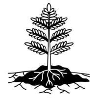 Illustration of a seedling plant with roots and soil, simplistic black and white design vector