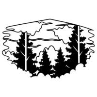 Silhouetted forest landscape with tall pines and flowing clouds in abstract design vector