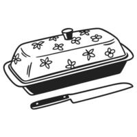 vintage floral butter dish with knife illustration black and white kitchenware art vector