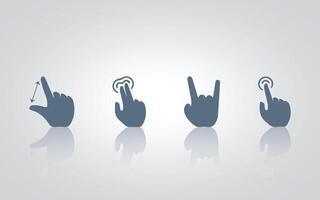 Hand gesture icons. click, two finger up, thumbs up and thumbs down with grey color, with a silver background vector