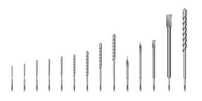 Drill for rock-drill Realistic 3d Detailed Metallic Drill for rock-drill or perforator Bits Set Tools for Construction Work, Drilling Hole. vector