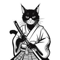 Warrior cat illustration in samurai clothing with a katana and intense expression vector