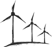 Artistic monochrome drawing of three wind turbines standing atop a hill vector