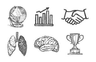 Hand-drawn sketches featuring a globe, a bar graph, a handshake, lungs, a brain, and a trophy. Ideal for themes like business, health, and education vector