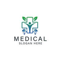 Modern medical logo featuring a gradient cross in green and blue with leaves, a human figure in the center vector