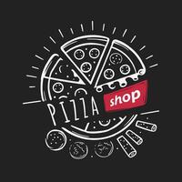 Hand-drawn logo illustration featuring pizza slices isolated on dark background vector