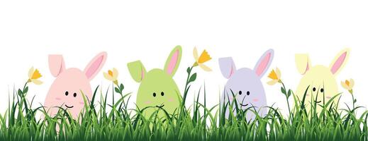 Green grass with spring flowers and eggs with bunny ears. Happy Easter. illustration. vector