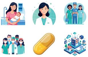 Confident Black Woman Doctor Bundle. Medicine Collection Stickers vector
