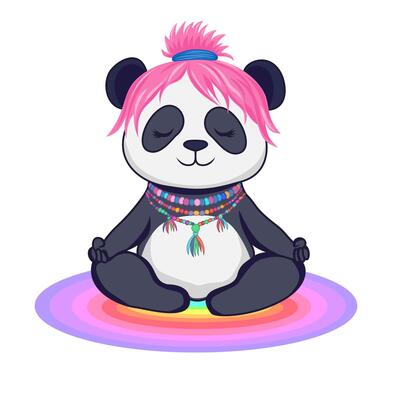 A cartoon panda bear sitting in a rainbow circle