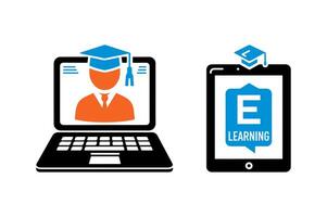 Laptop and tablet icons represent e-learning. vector