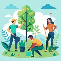 Volunteers plant trees in the park image. Taking care of planet or World Environment Day concept picture. Cartoon style. vector
