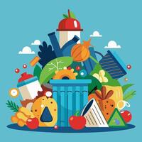 A garbage can full of food waste image. Cartoon style. illustration. vector