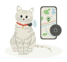 Cat GPS Tracker with Location Pin in Mobile App. vector