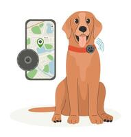 Dog GPS Tracker with Location Pin in Mobile App. vector