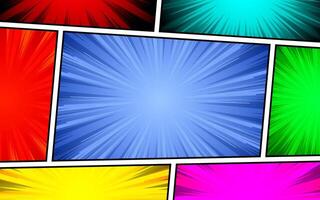 Comic book page template with colorful frames divided by lines with halftone radial effect in pop art style. vector