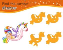 Find correct shadow cute happy mermaid. Educational matching game for children with cartoon character. Activity, logic game, printable worksheet with task for kids, isolated illustration vector