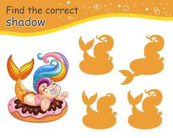 Find the correct shadow cute happy mermaid. Educational matching game for children with cartoon character. Activity, logic game, printable worksheet with task for kids, isolated illustration vector