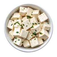 Tofu cubes garnished with green herbs in a bowl on a plain Transparent background, Tofu in bowl isolated on background png