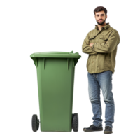 Man standing confidently next to green trash can in an isolated setting on a Transparent background, Man standing next to trash can isolated on background png