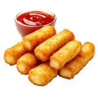 Enjoying crispy mozzarella cheese sticks with tangy ketchup for dipping at a casual snack time, Mozzarella cheese sticks with ketchup isolated on Transparent background png