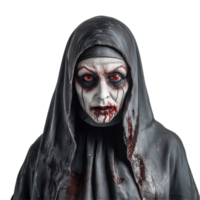 Sinister figure of a terrifying bloody nun with evil red eyes and a haunting expression, Terrifying Bloody Evil Nun Sinister Figure Isolated on Transparent background Halloween, background png
