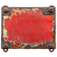 Rusty red sign with corroded edges and worn metal frame in an urban setting, red sign with rusted edges and a rusted metal frame, Transparent background png