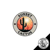 A circular emblem logo featuring a cactus in the foreground, a vibrant sunset, and a mountain range as the background vector