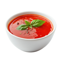 Rich tomato sauce in a bowl garnished with fresh basil leaves on a clean Transparent background, tomato sauce isolated on background png