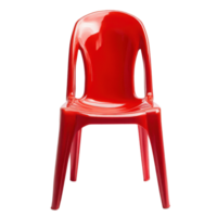 Bright red plastic chair standing alone against a clean Transparent background highlighting its vibrant color and design, Red plastic chair isolated on background png