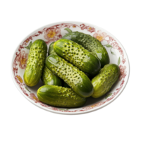 Freshly pickled cucumbers served on a decorative plate isolated on a Transparent background for a vibrant culinary display, Pickled cucumbers on a plate isolated on background png