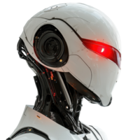 Close up of a futuristic robot head with a glowing red light against a Transparent background, close up a robot s head with a red light, background png