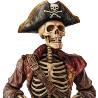 Skeleton dressed as a pirate wearing a black hat with a skull and crossbones, skeleton with a pirate hat and a skull on it, Transparent background png