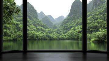 Tranquil Lake and Lush Mountain View Seen Through Large Window photo