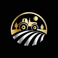tractor logo design with a farm field and trees vector