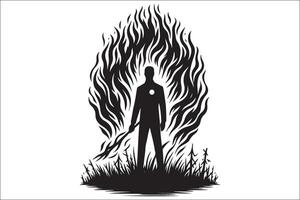 A silhouette of a man standing in front of a fire vector
