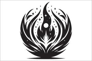 A black and white tattoo design with a star and a flame vector
