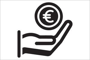 Euro symbol in hand, black and white icon vector