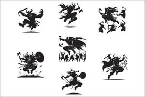 Various black silhouettes of vikings and warriors vector