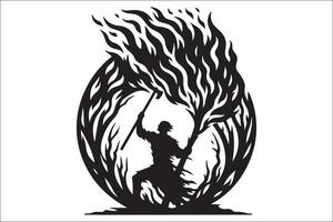 The silhouette of a man holding a torch in the middle of a fire vector