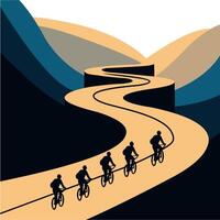 Cyclists riding on a winding mountain road, depicted in a flat style with earthy and dark blue vector