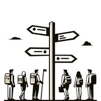 Group of travelers standing at a signpost, deciding their path, in a monochrome flat illustration vector