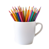 Multicolor pencils arranged in a white cup for creative expression and artistic activities, white cup with multicolor pencils on isolated isolated on Transparent background png