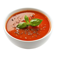 Delicious tomato soup with fresh basil and spices in a clean bowl on a Transparent background, Tomato soup, background png
