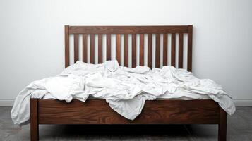 Dark Brown Wooden Bed with Rumpled White Sheets Against White Wall photo