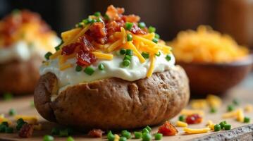 Baked potato garnished with cheese and bacon photo